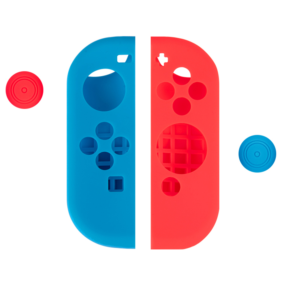 For Nintendo Switch Controller Silicone Case + Thumb Grip Caps Shock Absorbing Protective Cover - Red / Blue