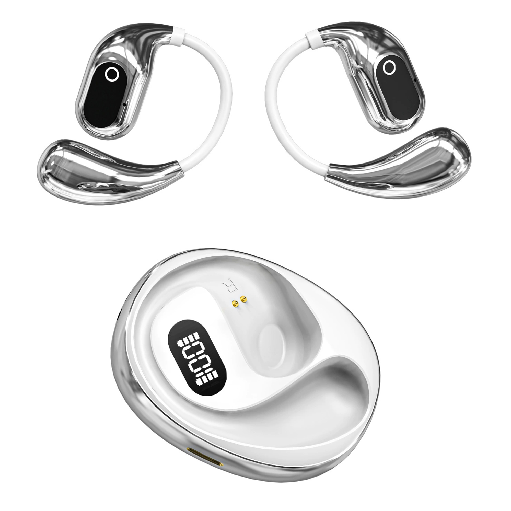 BT 5.4 Mini Sport Earbuds Smart Digital Display Wireless Earhooks Headphones for Running / Workout - White