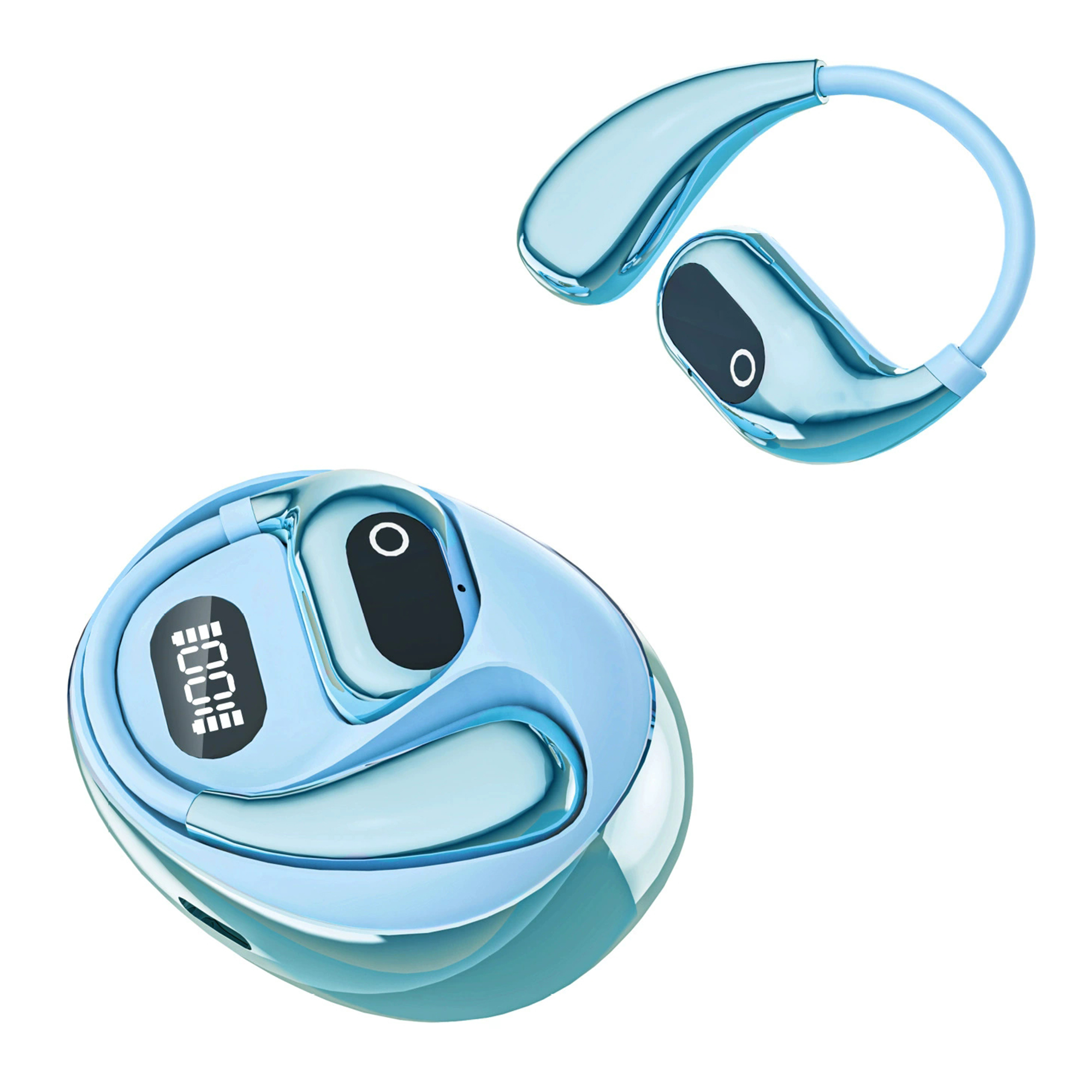 BT 5.4 Mini TWS Earbuds Smart Digital Display Earhook Wireless Sports Headset AI Translation Headphones - Blue