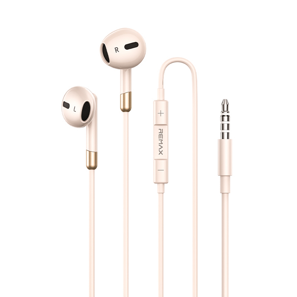 REMAX RM-05 3.5mm Semi In-Ear Wired Earphones Metal Construction 1200mm Cord Headset Built-in Microphone - Apricot