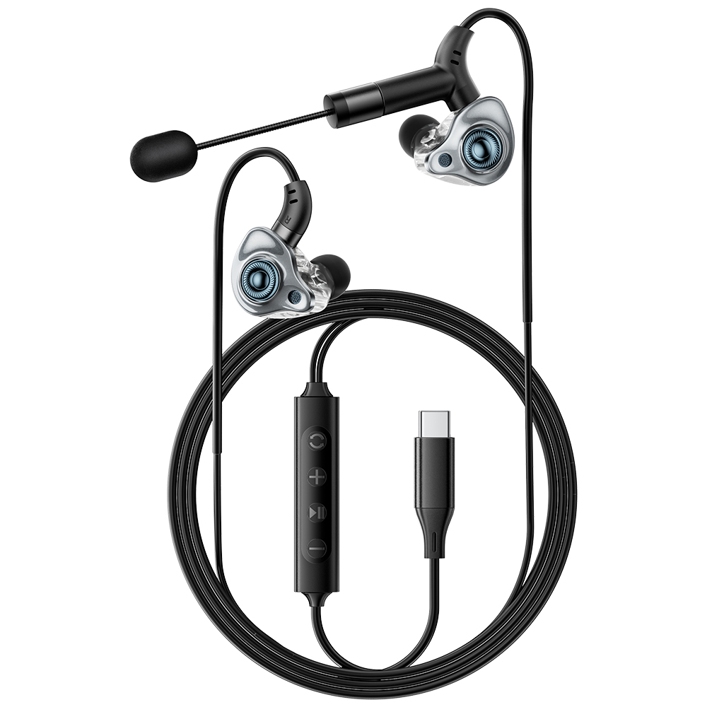 ESSAGER Type-C Karaoke Earphones with Built-in Sound Card Real Time Monitoring In-ear Headphones - Black