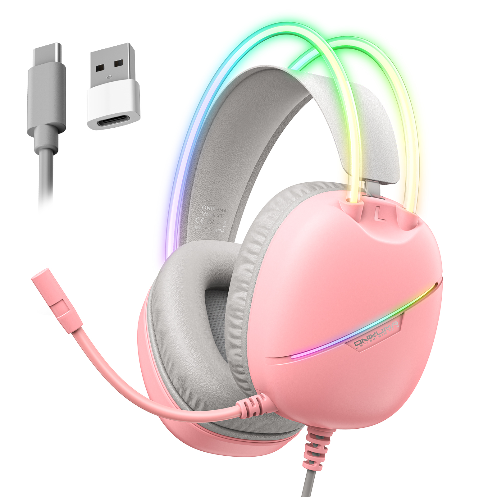 ONIKUMA X33 PC Gaming Headset Wired USB Type-C Over-Ear Headphone with Microphone - Pink