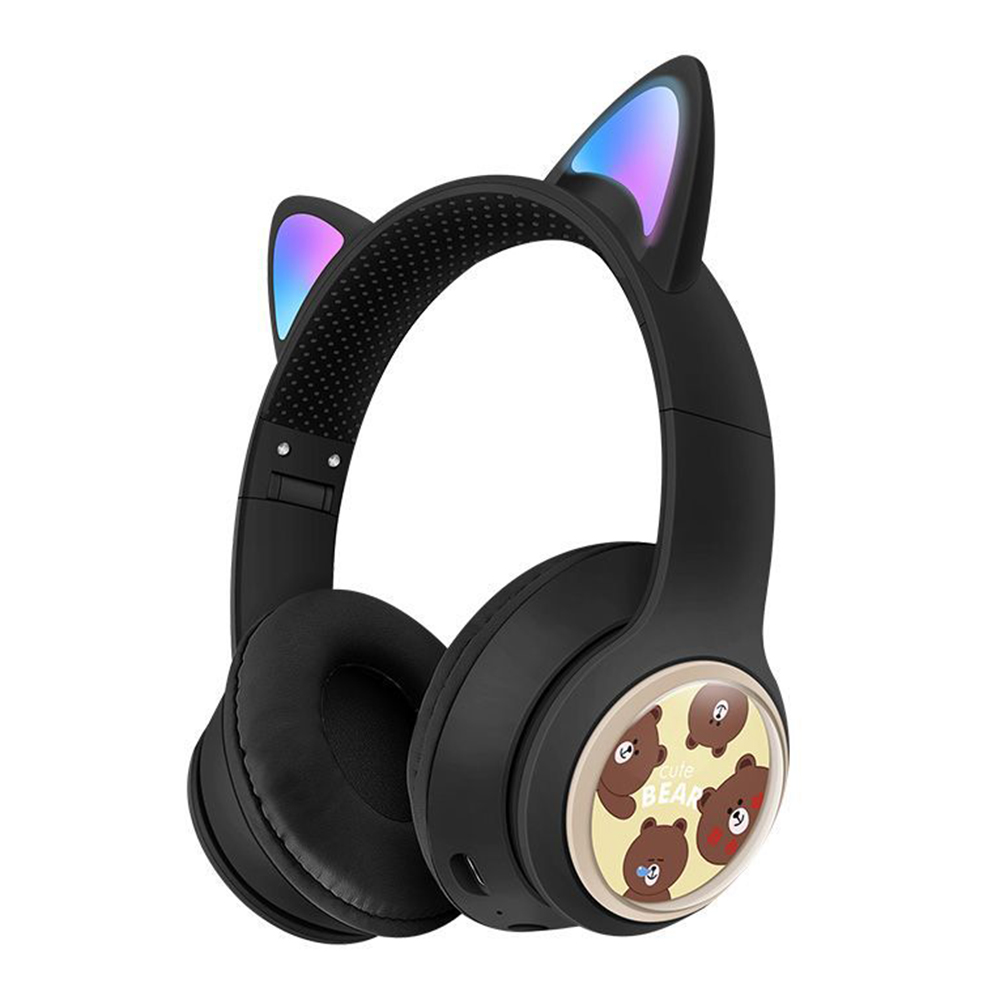 AKZ AKZ-02D Glowing Cat Ear Headphone Bluetooth-Compatible Wireless Deep Bass Gaming Headset - Black