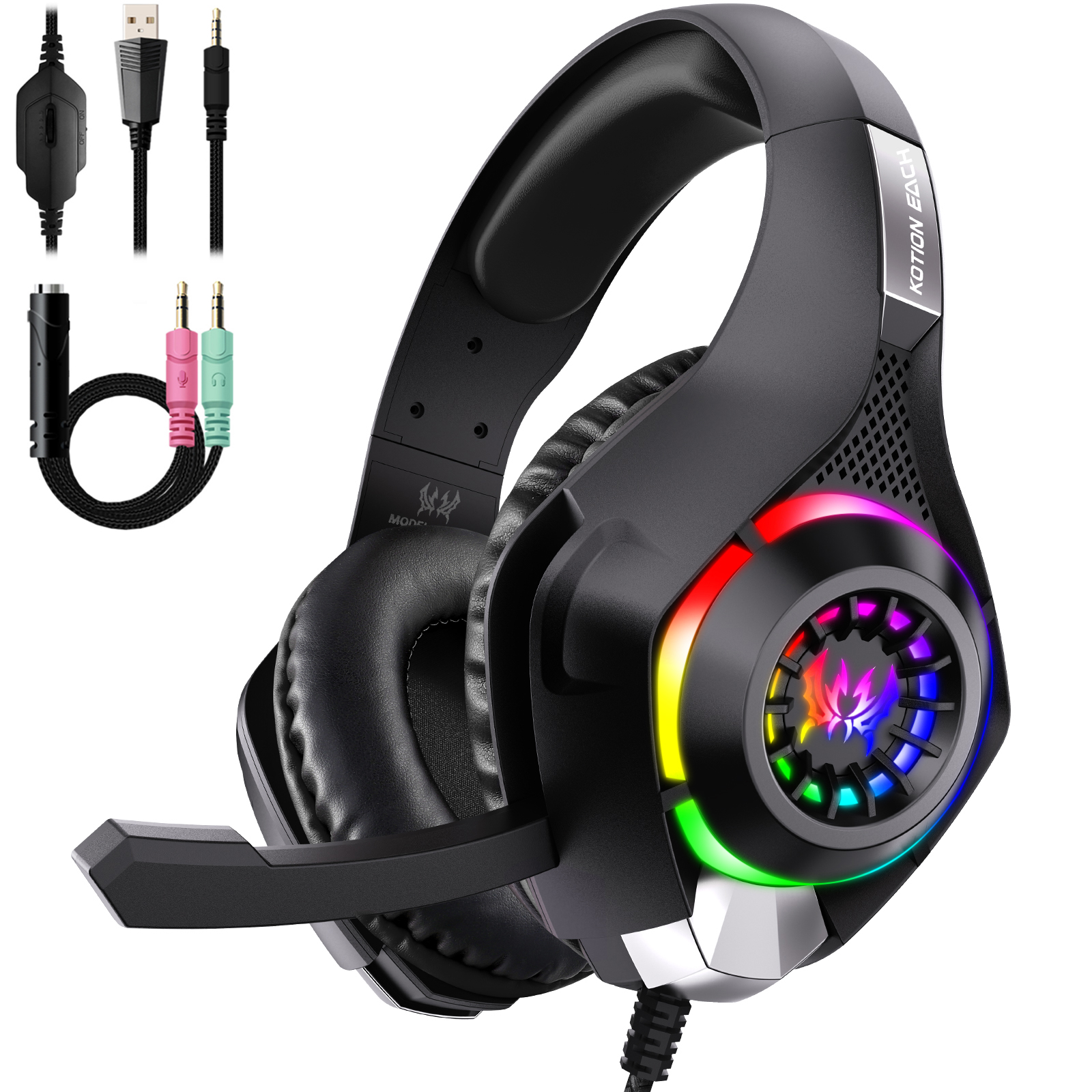 KOTION EACH GS410 For PC / PS4 / PS5 Gaming Headset RGB Light Wired Headphone with Audio Adapter Cable - Black