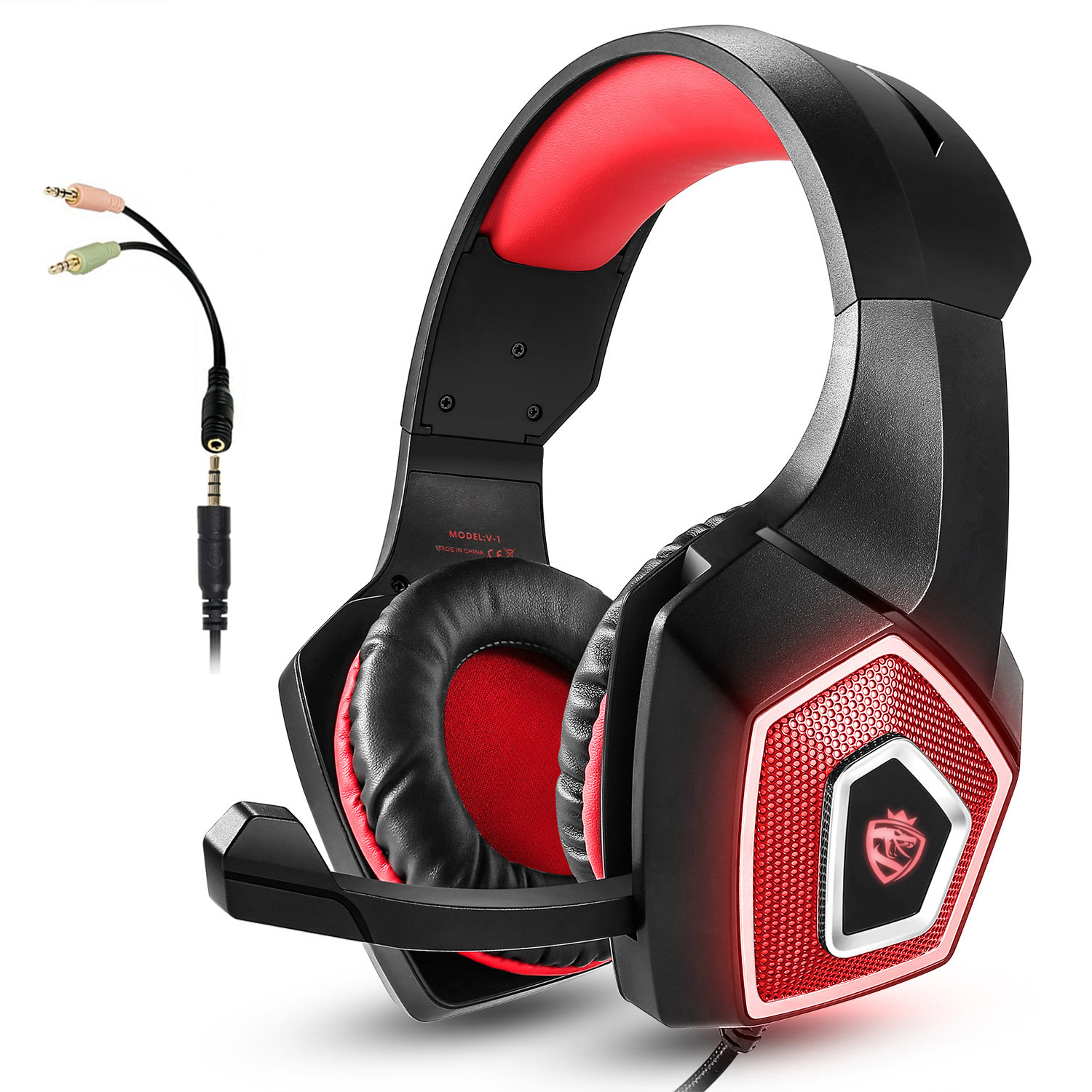 KOTION EACH V-1 Gaming Headset RGB Light Wired Computer Headphone with Adapter Cable - Black+Red