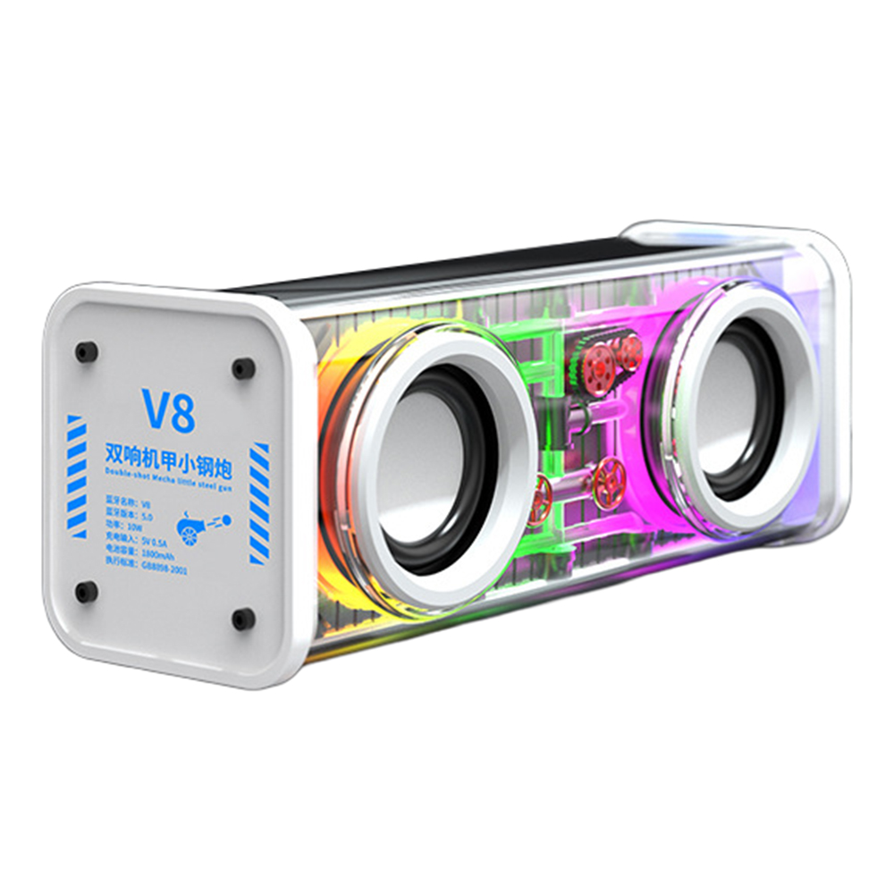 V8 Transparent Mecha Desktop Bluetooth-compatible Speaker 10W Powerful Bass Portable Soundbar with RGB Light - White