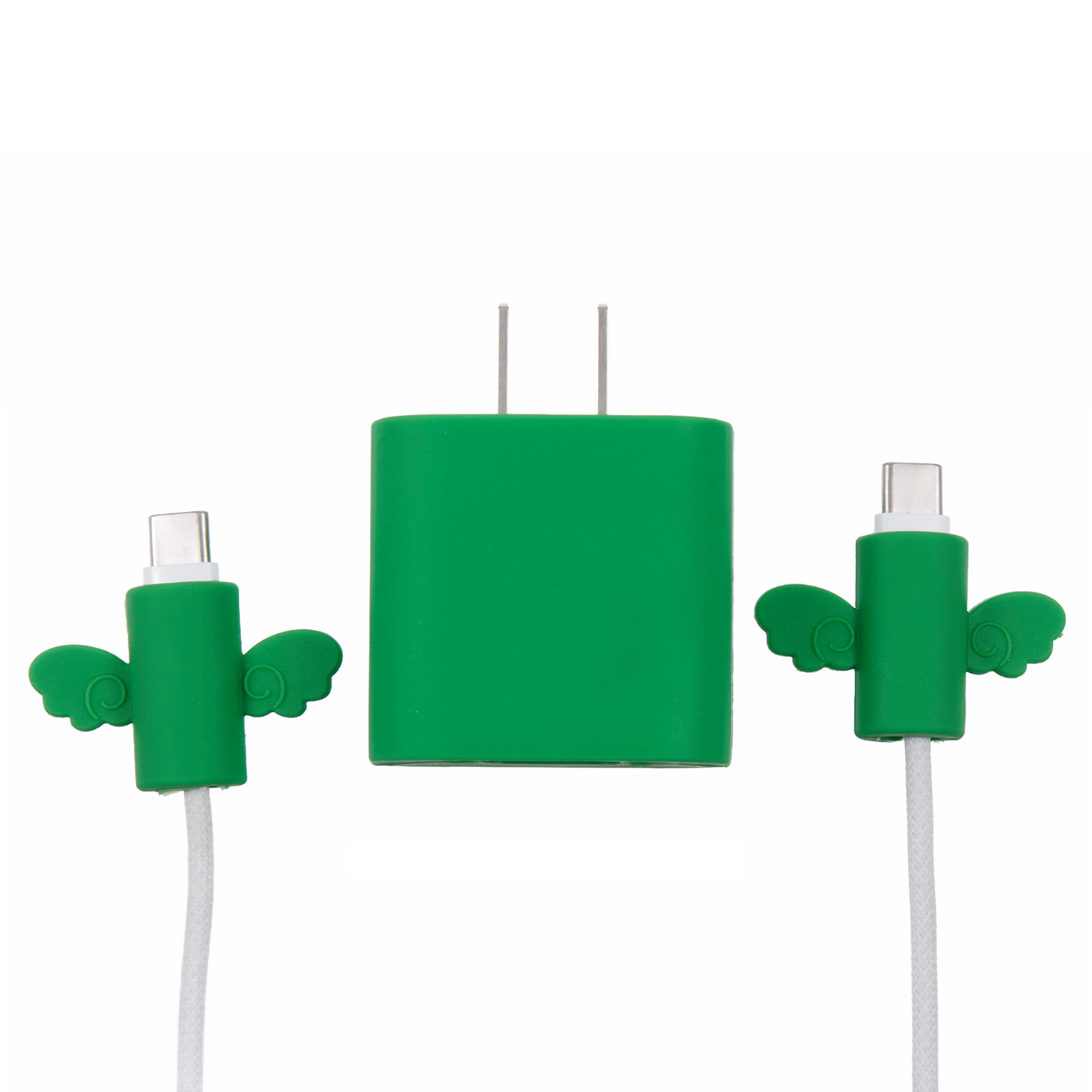 Solid Color Wings Protective Sleeve for Apple iPhone 18 / 20W Charger Cover + 2Pcs Data Cable Saver Silicone Case - Green