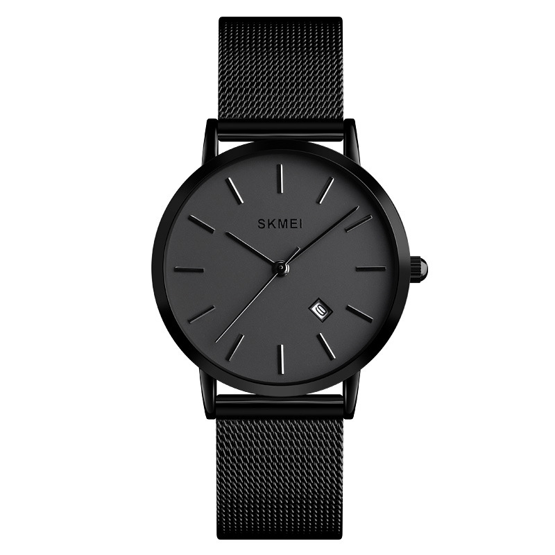 SKMEI 1530 8mm Slim Stylish Men Women Quartz Watch Stainless Steel Strap Wrist Watch - Black
