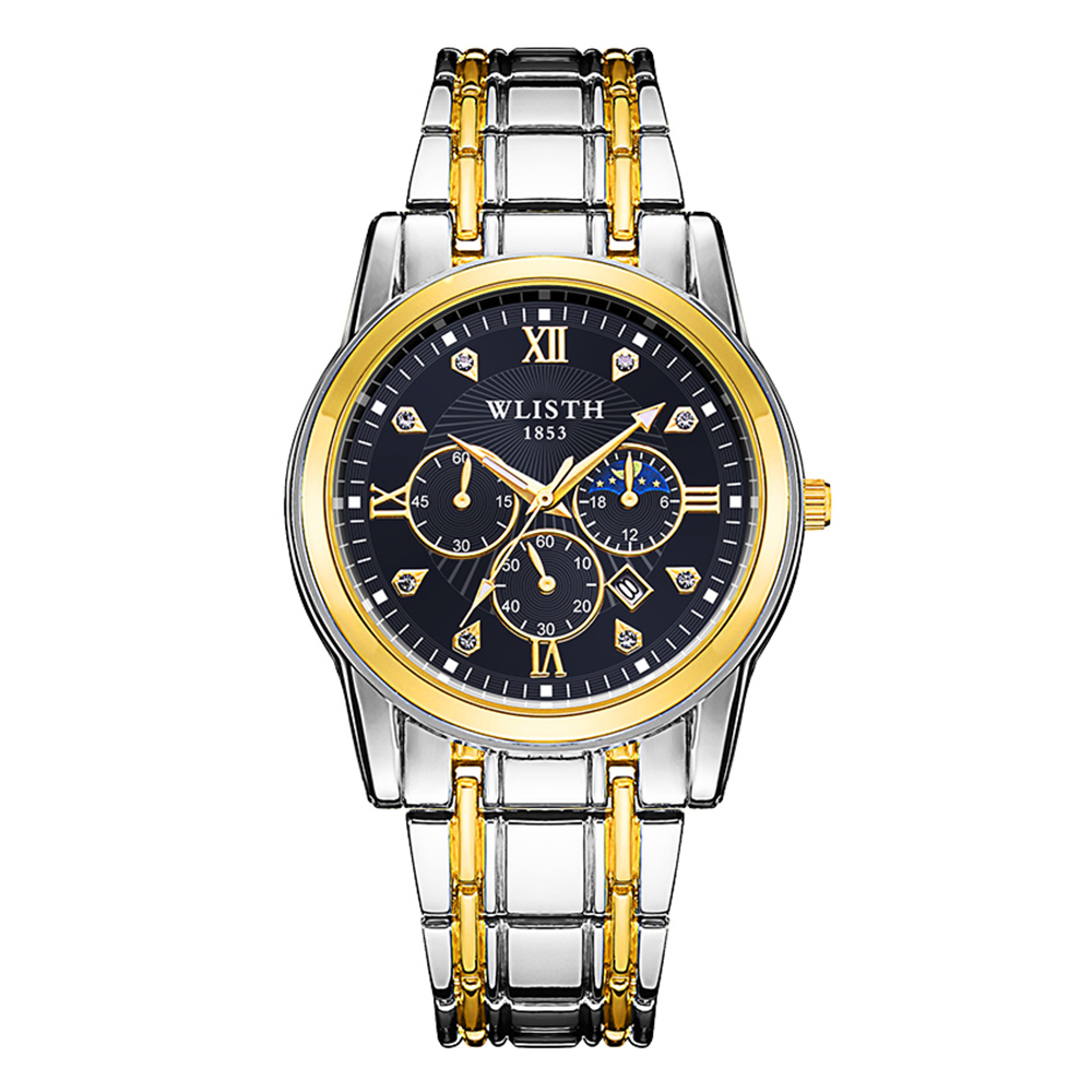 WLISTH 6177 Fashion Steel Strap Men Quartz Watch Luminous Calendar Wrist Watch - Black Dial