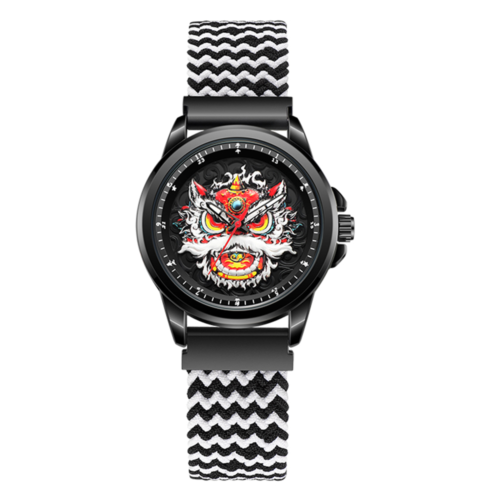 WLISTH 6158 Chinese Style Men Quartz Watch Fashion Wrist Watch - Black+White Elastic Cloth Strap