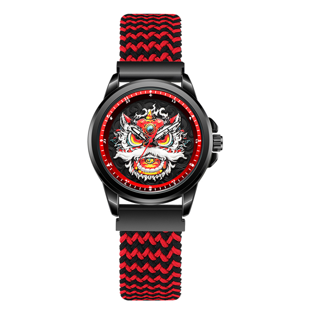 WLISTH 6158 Chinese Style Men Quartz Watch Fashion Wrist Watch - Black+Red Elastic Cloth Strap