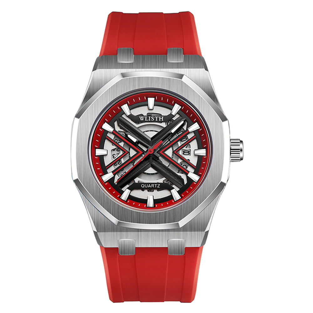 WLISTH 6148 Men Calendar Quartz Watch Fashion Sport Luminous Wrist Watch - Silver Case / Red Strap