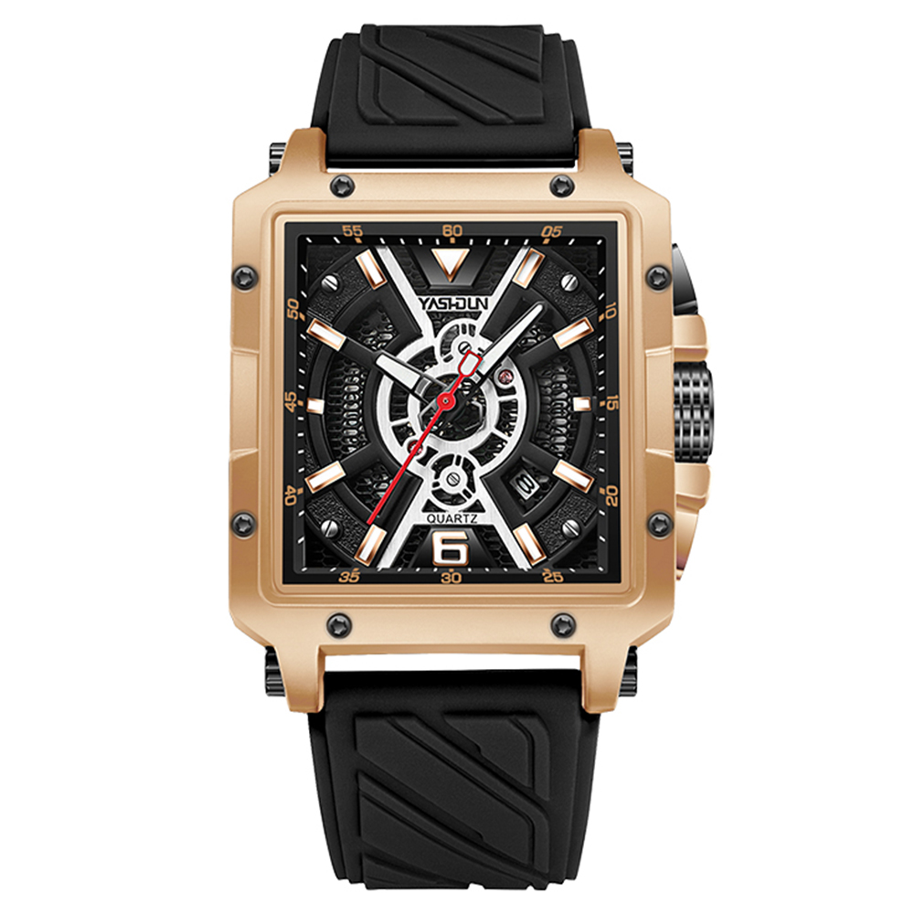 YASHIDUN 5071 Stylish Square Quartz Watch Silicone Strap Men Luminous Wrist Watch - Gold Dial / Black Strap