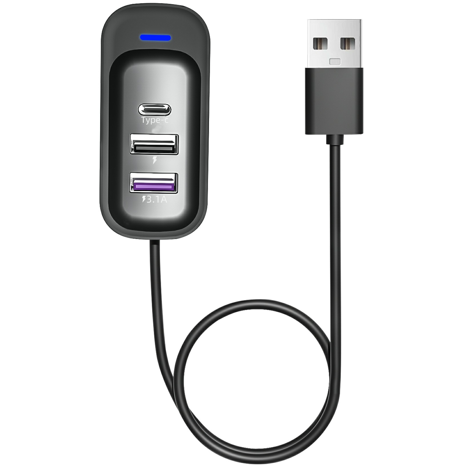 Y1 Type C + Dual USB Car Rear Seat Charger Fast Charging Adapter with 1m Extension Cable