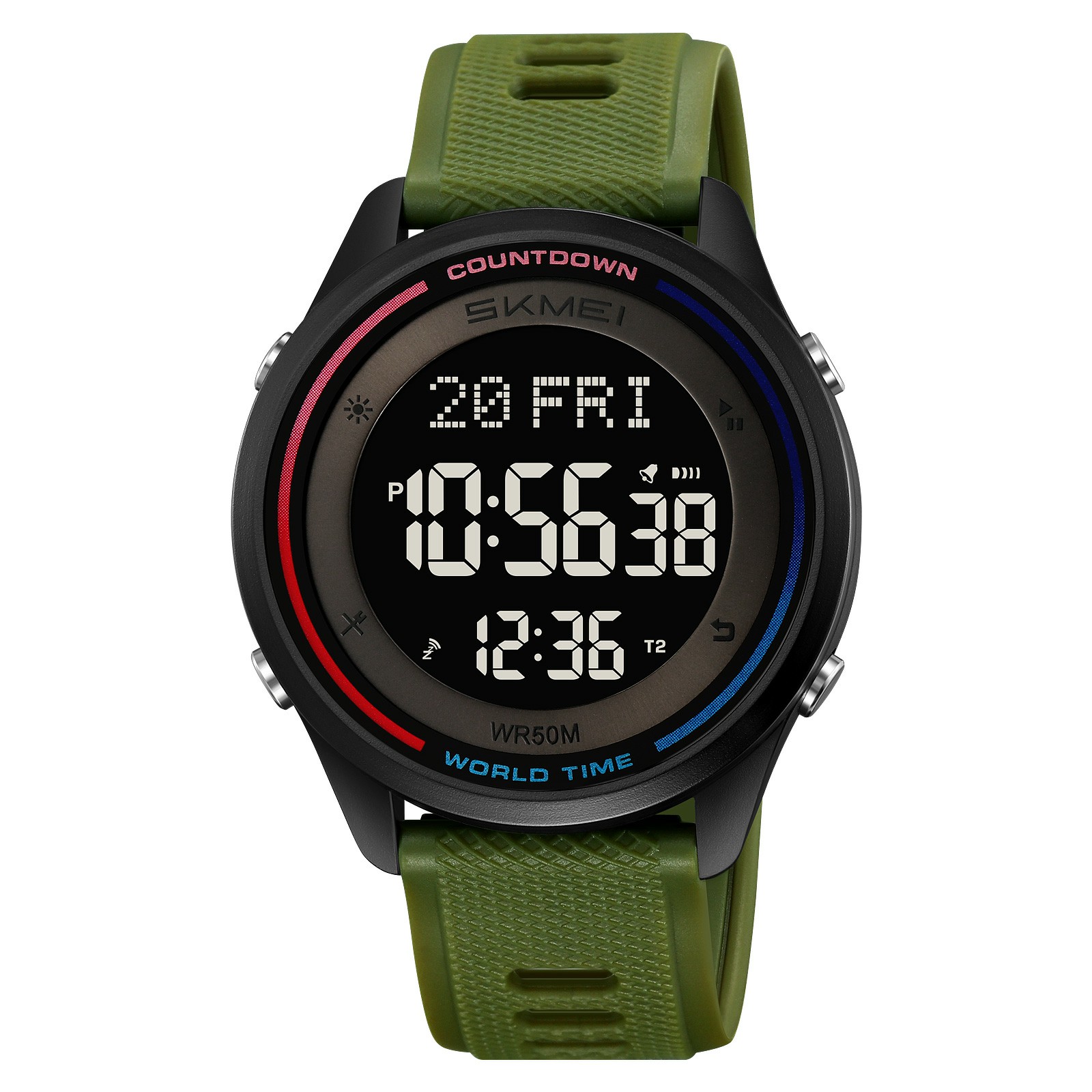 SKMEI 2348 Digital Watch for Students World Time Stopwatch Countdown Timer Outdoor Electronic Wristwatch - Army Green