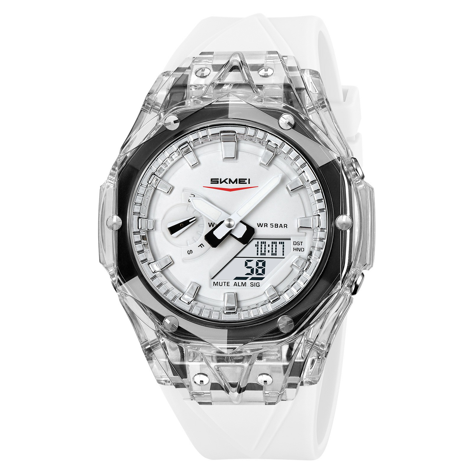 SKMEI 2411 Multifunction Electronic Watch Digital + Analog Display Transparent Case Luminous Wristwatch - White