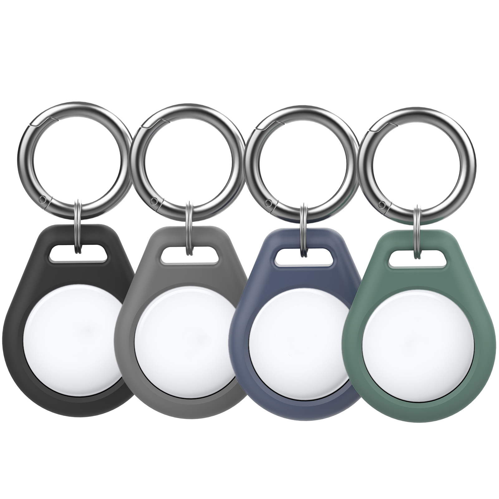 AHASTYLE PT155 4Pcs Silicone Case for AirTag , Pet Collar Holder Protective Cover Holder with Keychains - Black + Grey + Blue + Green