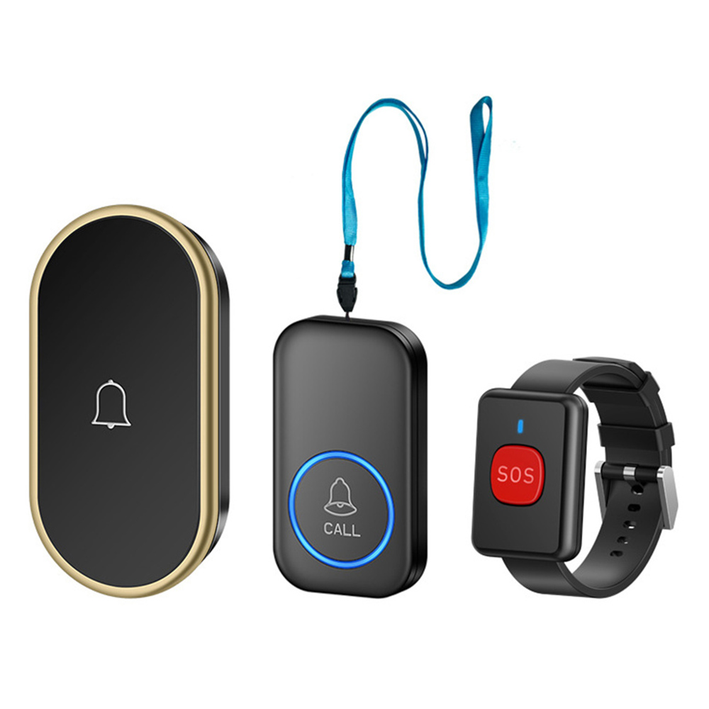 A18 For Elderly SOS Emergency Call Button 60 Melodies 300m Wireless Alarm System, 1 Watch Button + 1 Lanyard Button + 1 EU Plug Receiver - Black+Gold