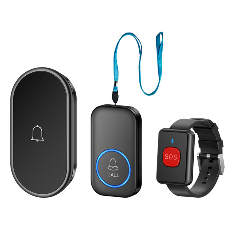 A18 For Elderly SOS Emergency Call Button 60 Melodies 300m Wireless Alarm System, 1 Watch Button + 1 Lanyard Button + 1 EU Plug Receiver - All Black