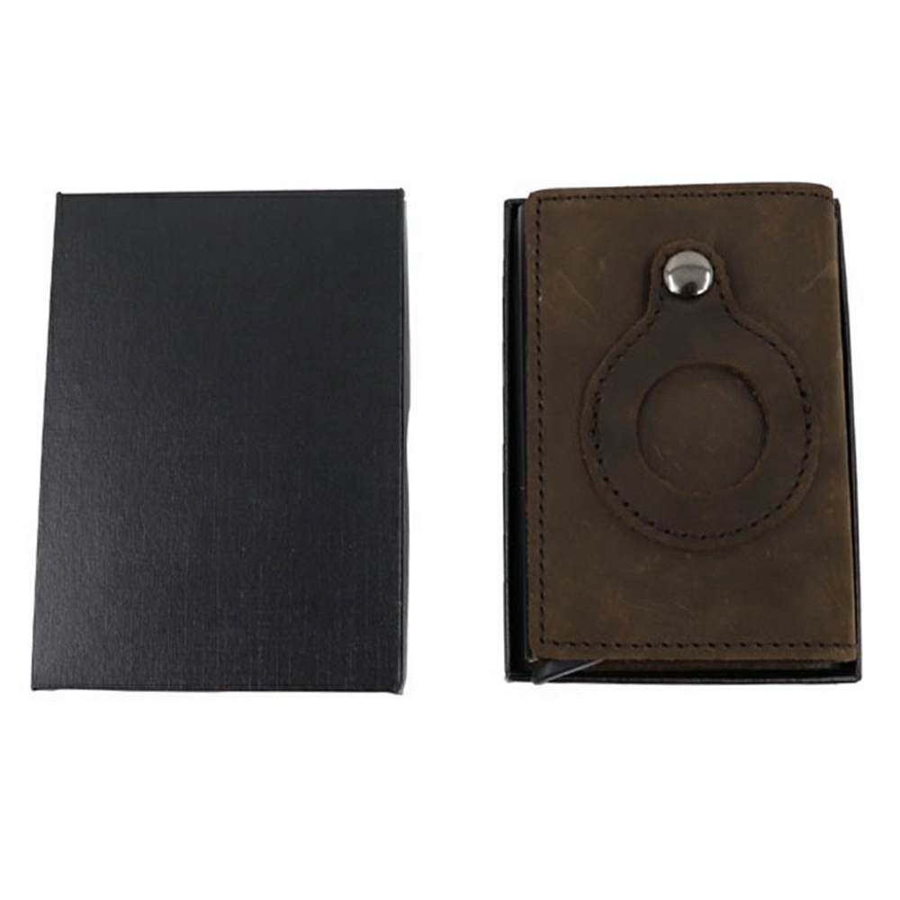 For AirTag Tracker Card Holder Genuine Leather Aluminum Case Wallet Slim Bifold Storage Pouch - Tan
