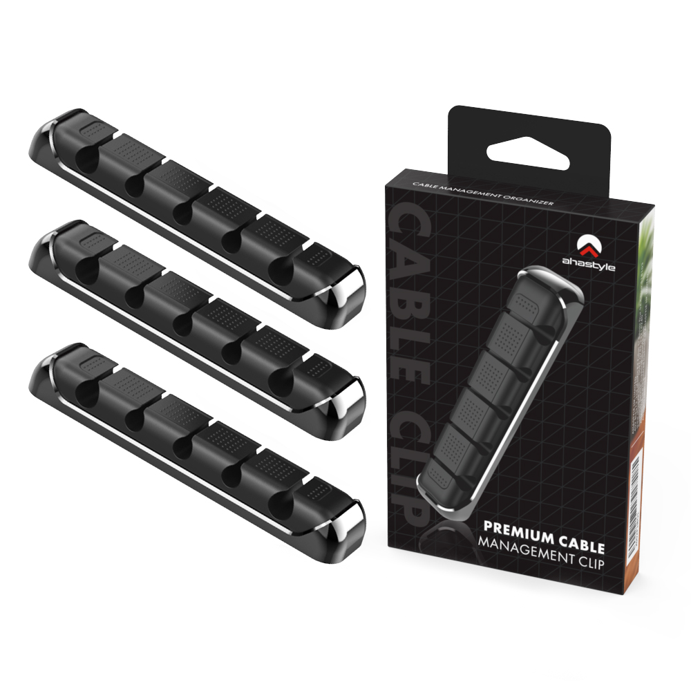 AHASTYLE PT125 3Pcs Cable Management Organizer Aluminum Alloy Silicone 5 Slots Desktop Wire Holder Clip - Black