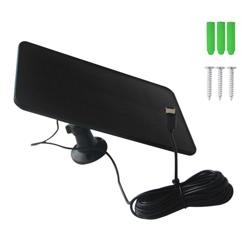 6W 5V Solar Panel Charger with 360 Degree Adjustable Mounting Bracket for Doorbell Security Camera - Black/Type-C