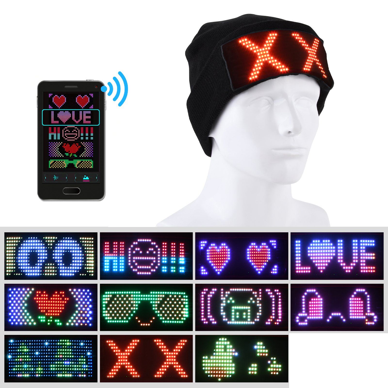 

Bluetooth Control Control LED Светящаяся Шапочка Светящийся Мигает DIY Вязаная Шляпа Партия Костюма - Чернить