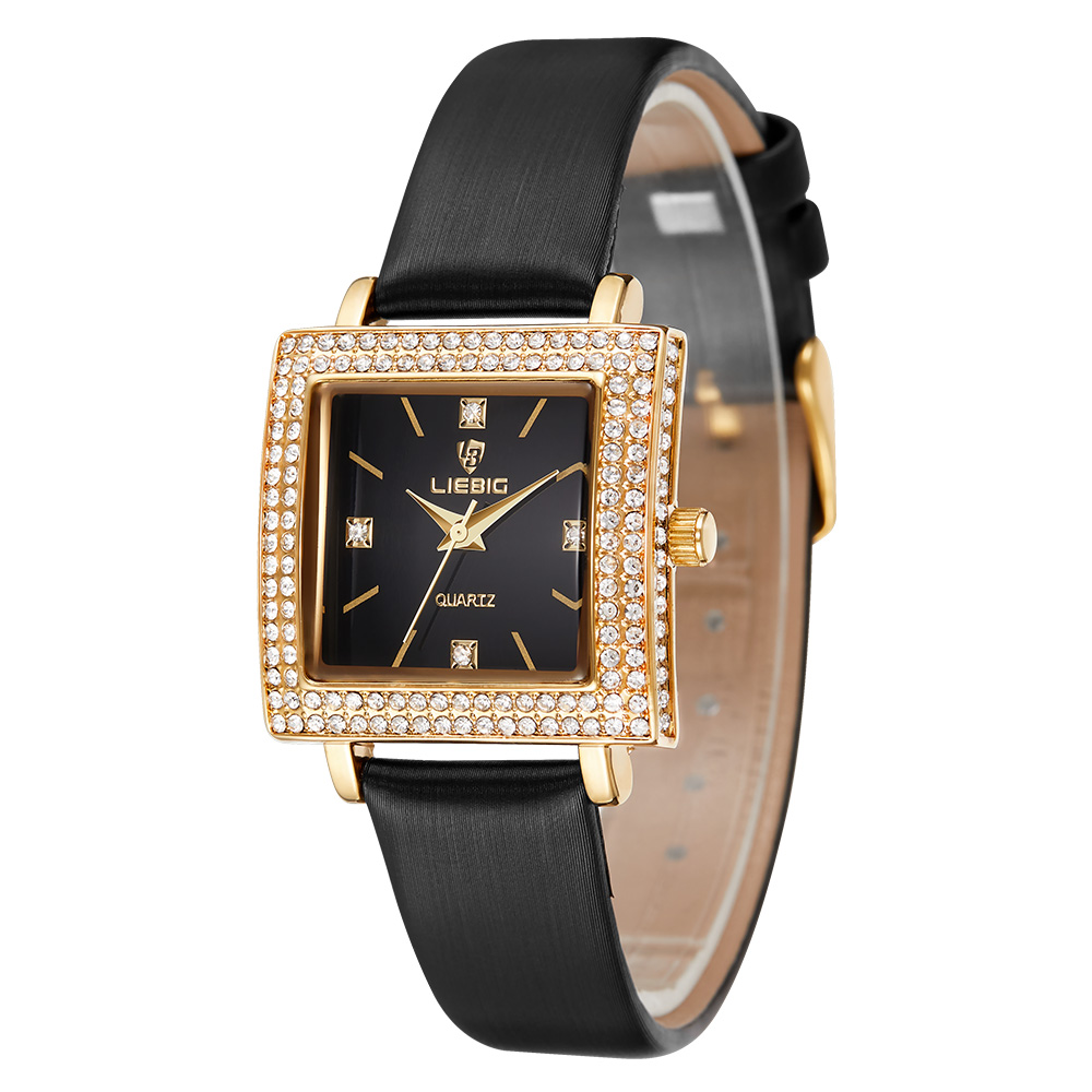 

Liebig L1022 Damen -strass -uhr -uhr Modisches Armband Glaswache Mit Lederband - Schwarz