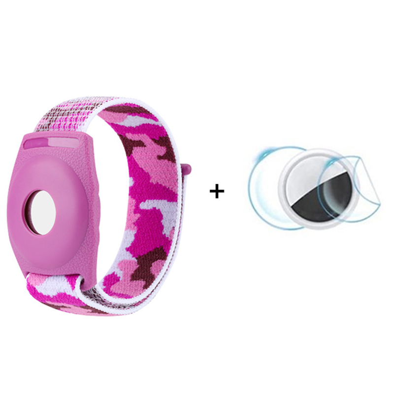 For Apple AirTag Bluetooth Tracker TPU Case with Loop Fastener Nylon Strap Wrist Band  Kids Type - Purple Camouflage