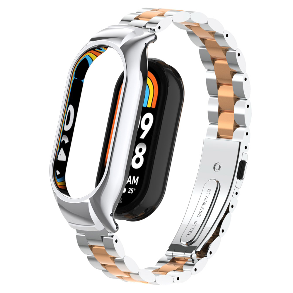 

Für Xiaomi Smart Band 8 Metal Watch Band 3-bahn-gurtersatz Durch Uhrengehäuse - Silber Roségold, Xiaomi Smart Band 8