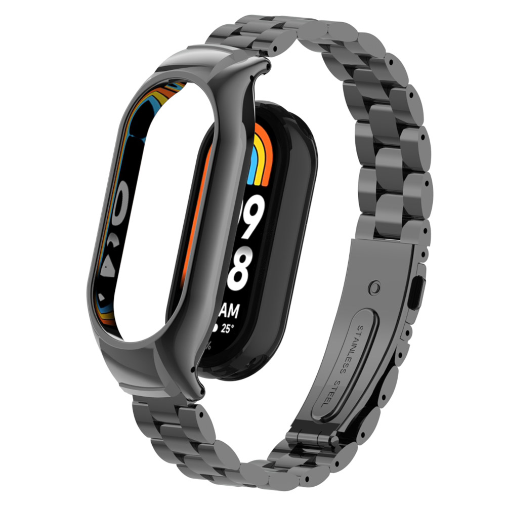

Für Xiaomi Smart Band 8 Metal Watch Band 3-bahn-gurtersatz Durch Uhrengehäuse - Schwarz, Xiaomi Smart Band 8