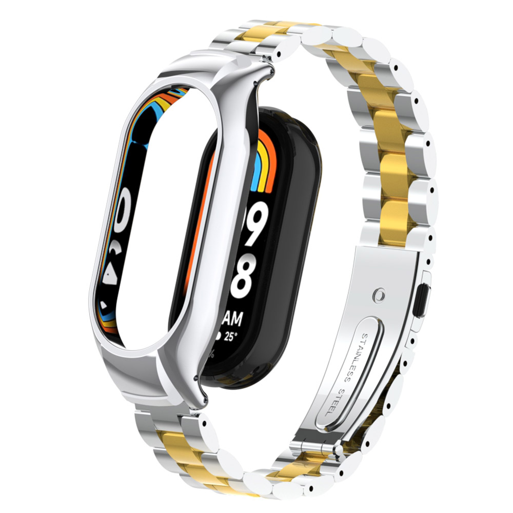 

Für Xiaomi Smart Band 8 Metal Watch Band 3-bahn-gurtersatz Durch Uhrengehäuse - Silber Gold, Xiaomi Smart Band 8