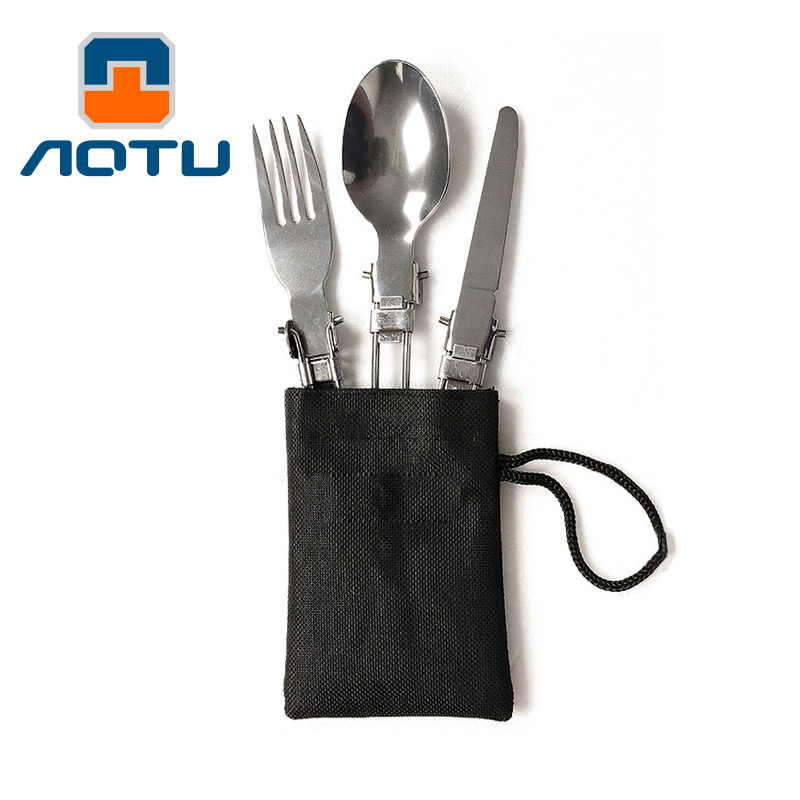 AOTU AT6387 Outdoors Stainless Steel Foldable Knife + Fork + Spoon 3-in-1 Set for Camping  Hiking etc.