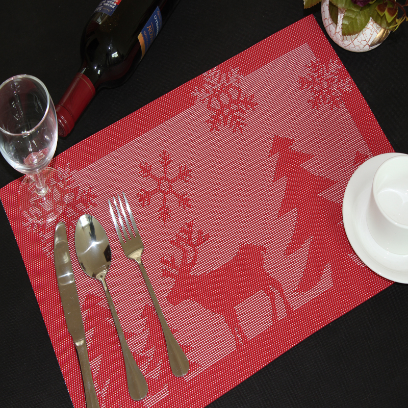 

6PCS/Lot Christmas Fawn PVC Placemats for Dining Table Stain-resistant Kitchen Placemat, 45 x 30cm - Red