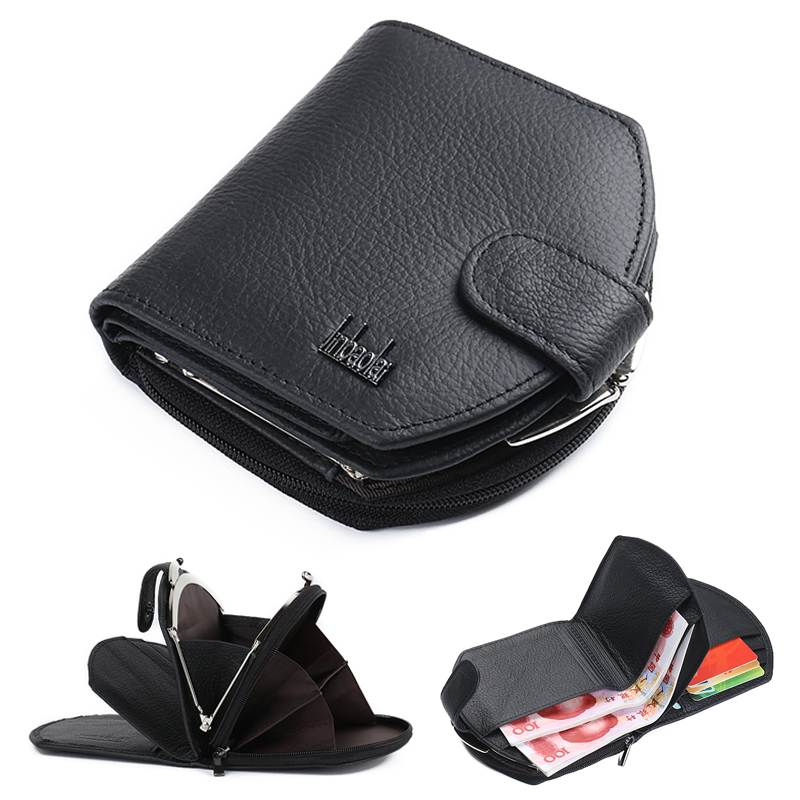 

Women Tri-fold Genuine Leather Short Wallet Card Slot Organizer - Black