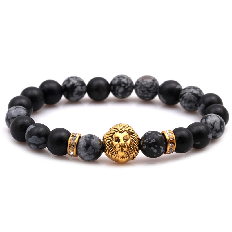 

0088 Männer Löwenkopf Charm Naturstein Perlen Armband Elastische Armreif Geschenk - Gold