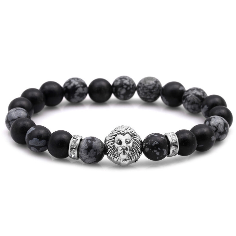 

0088 Männer Löwenkopf Charm Naturstein Perlen Armband Elastische Armreif Geschenk - Weiß