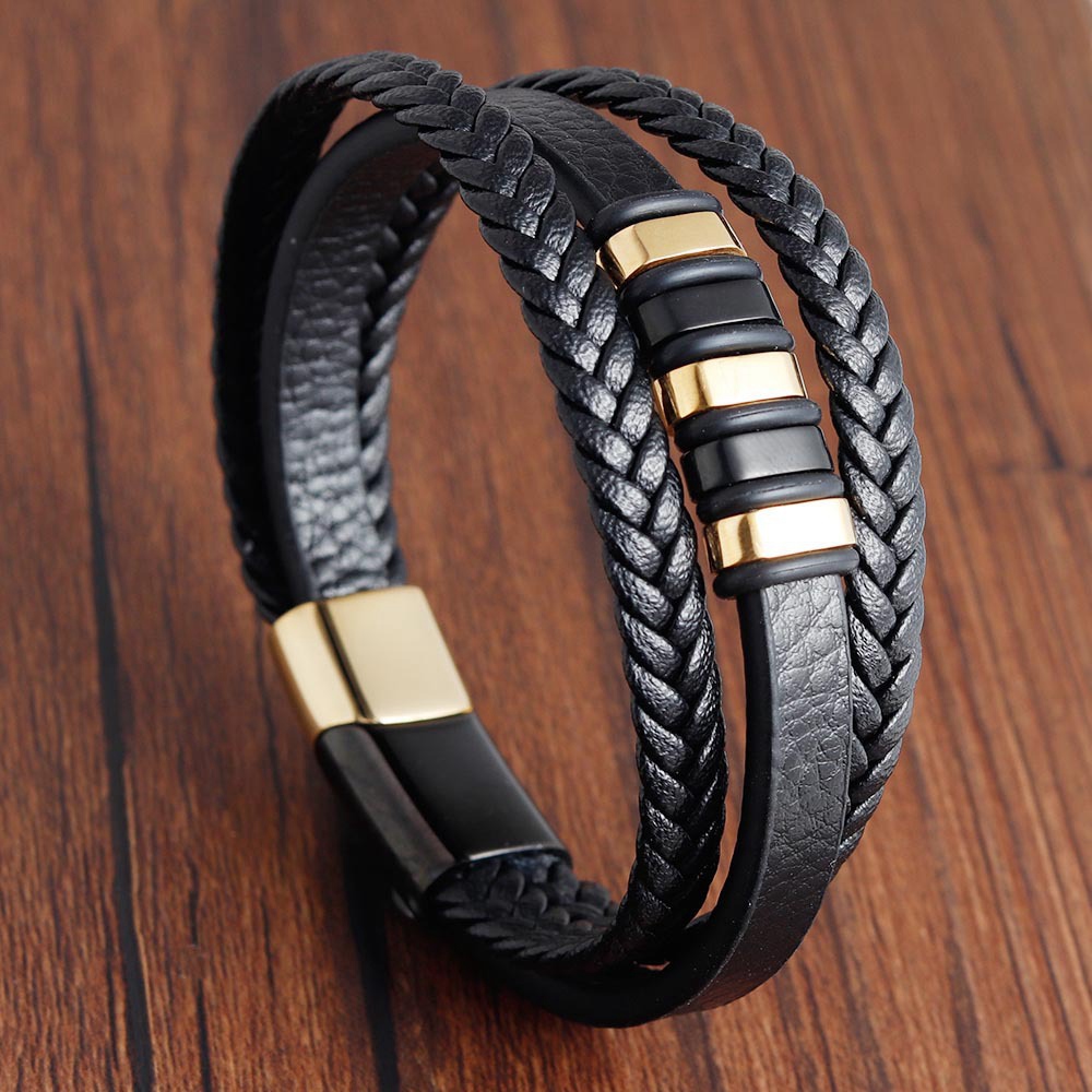 

L19127 Männer Kuhlattenleder -lederarmband Mit Magnetverschluss Mehrschichtig Geflochten - A19cm