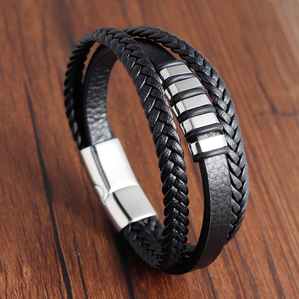 

L19127 Männer Kuhlattenleder -lederarmband Mit Magnetverschluss Mehrschichtig Geflochten - B19CM