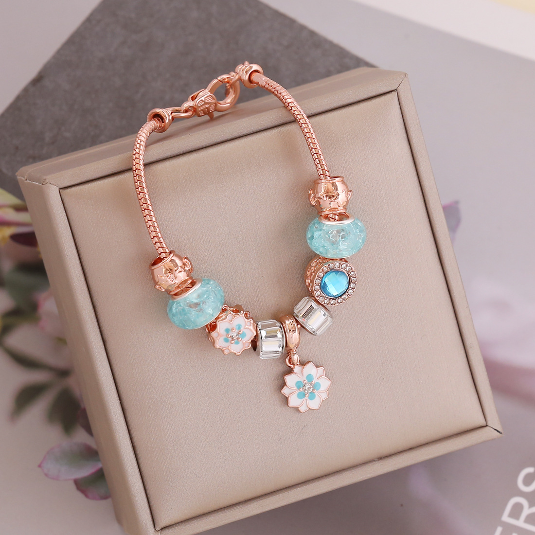 

B306 DIY Legierung Einstellbare Glasperlen Charme Retro Armband Schlangenkette Roségold Armband - 3#