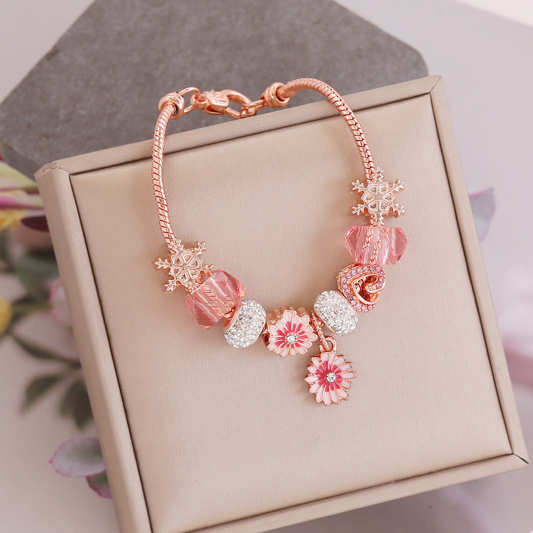 

B306 DIY Legierung Einstellbare Glasperlen Charme Retro Armband Schlangenkette Roségold Armband - 1#
