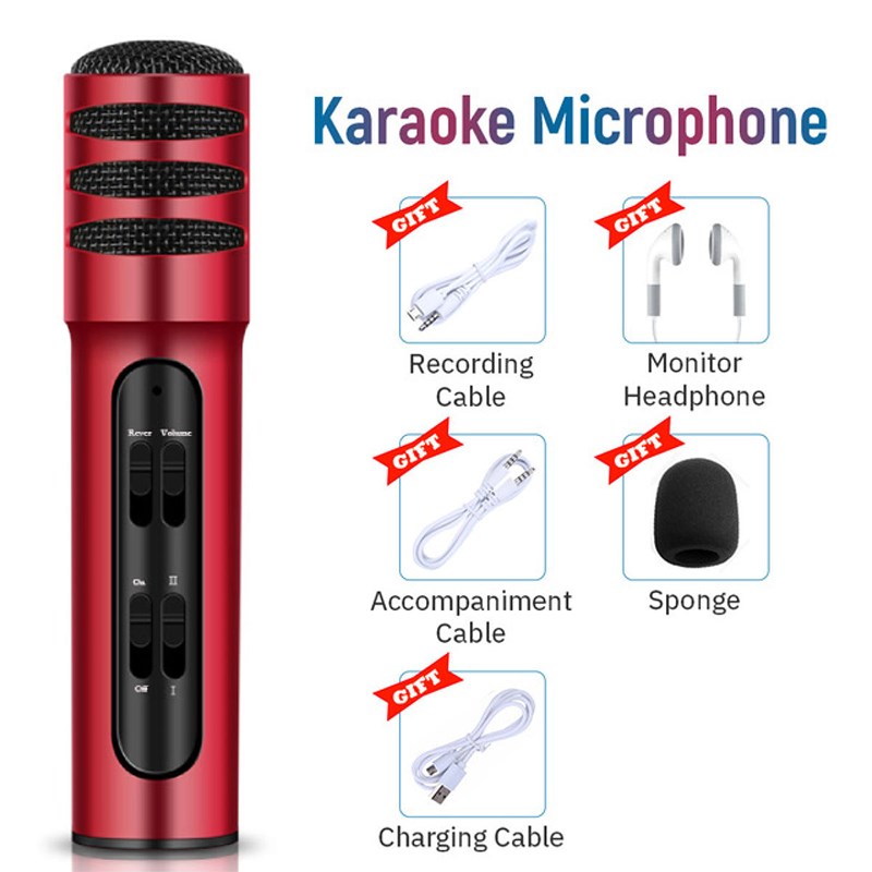 

Professional Phone Condenser Microphone Recorder for Live Singing Recording - Red