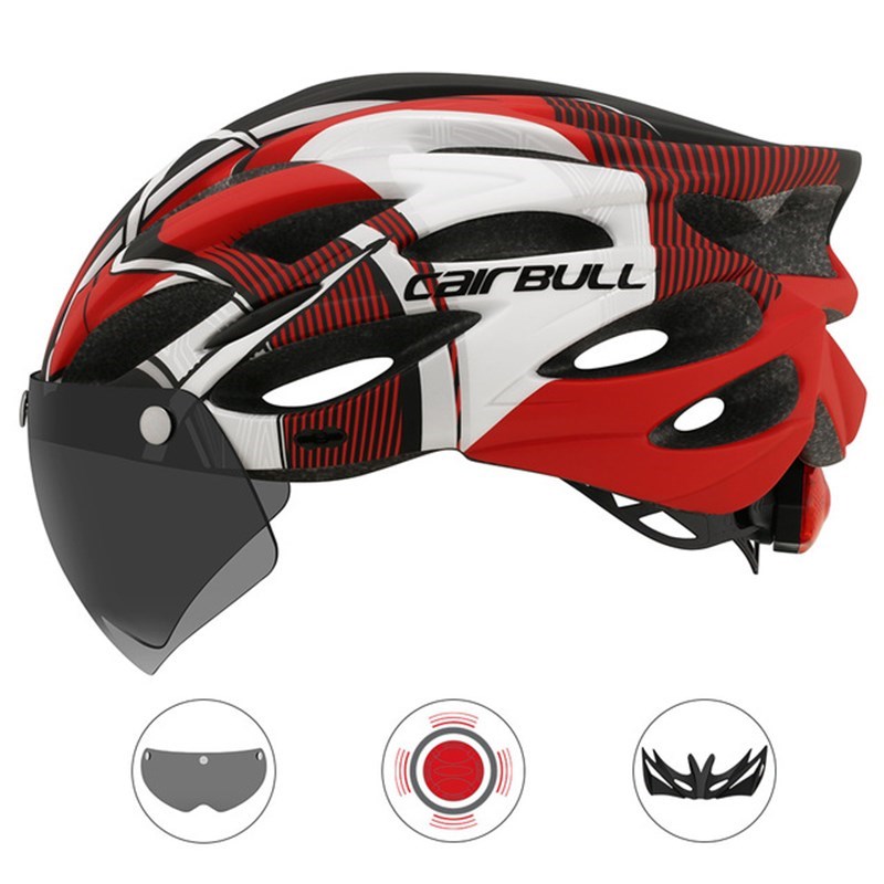 

Cairbull -fahrradfahrradhelm Mit Schutzbrillen Sonnenvisier & USB -verstellbares LED -licht Verstellbarer Radfahrenhelm - Schwarz / Rot