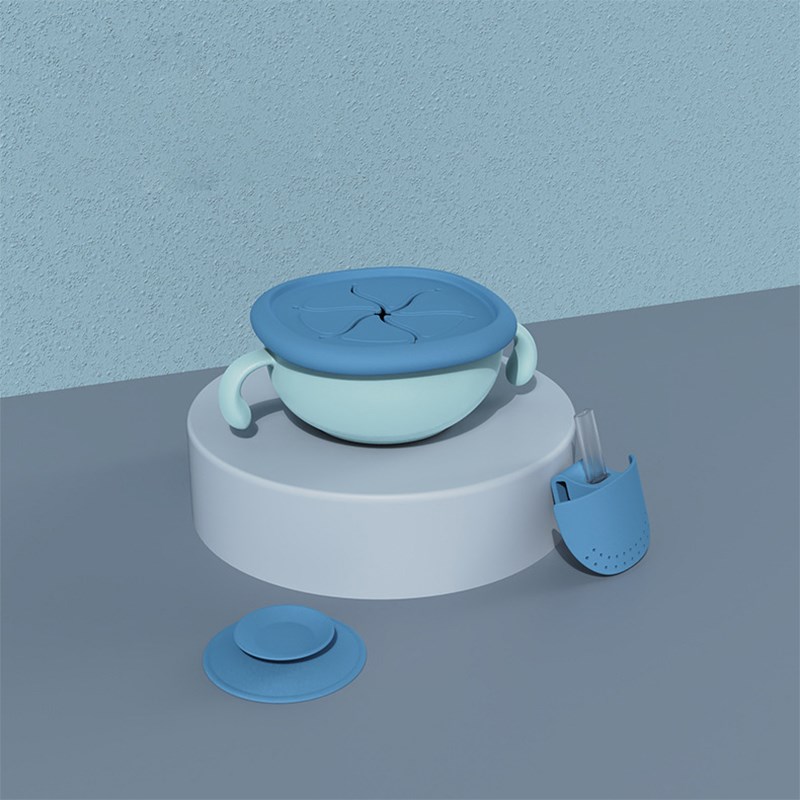 

3 in 1 Kinder Kinderbaby Schüssel Mit Deckel Und Strohsaugung Kleinkindplatte (ohne FDA -zertifikat) - Blau