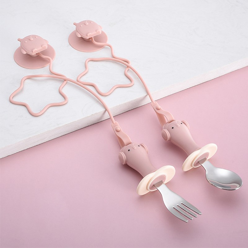 

Baby Kids Löffel Und Gabel Mit Anti-drop-gurt-kleinkindutensilien (ohne Fda-zertifikat) - Rosa