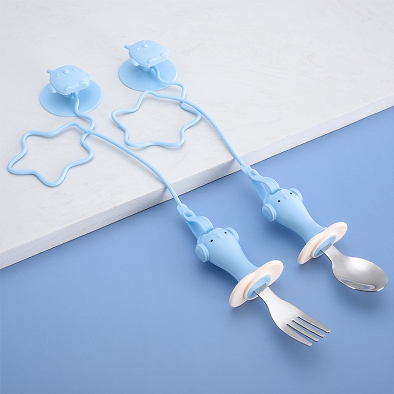 

Baby Kids Löffel Und Gabel Mit Anti-drop-gurt-kleinkindutensilien (ohne Fda-zertifikat) - Blau