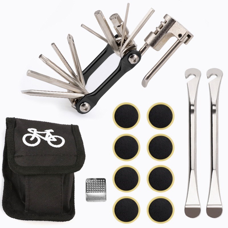 

Fahrradfahrradreifen Reifen Reparaturwerkzeug Kit Reifenheber & Reifenpflaster 12-in-1-Schraubenschlüssel - Schwarz