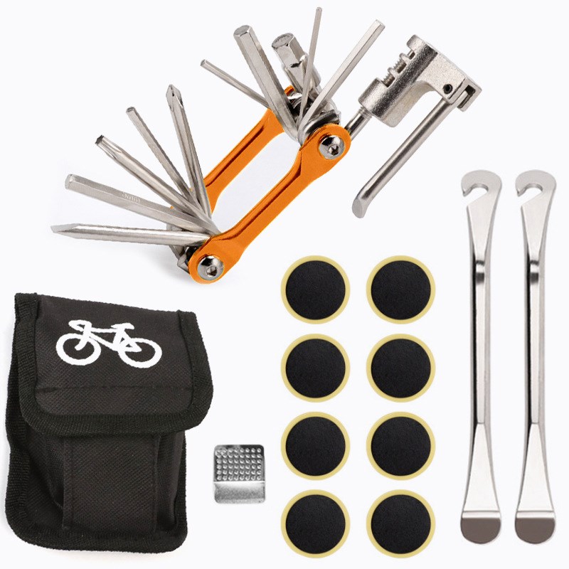 

Fahrradfahrradreifen Reifen Reparaturwerkzeug Kit Reifenheber & Reifenpflaster 12-in-1-Schraubenschlüssel - Gold