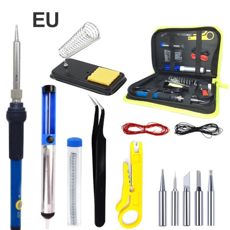 

60W Einstellbare Temperaturlötkolben-Kit, Pinzette Löten Eisenständer Tipps Für Elektronikreparatur - 15 In 1 / EU-Stecker