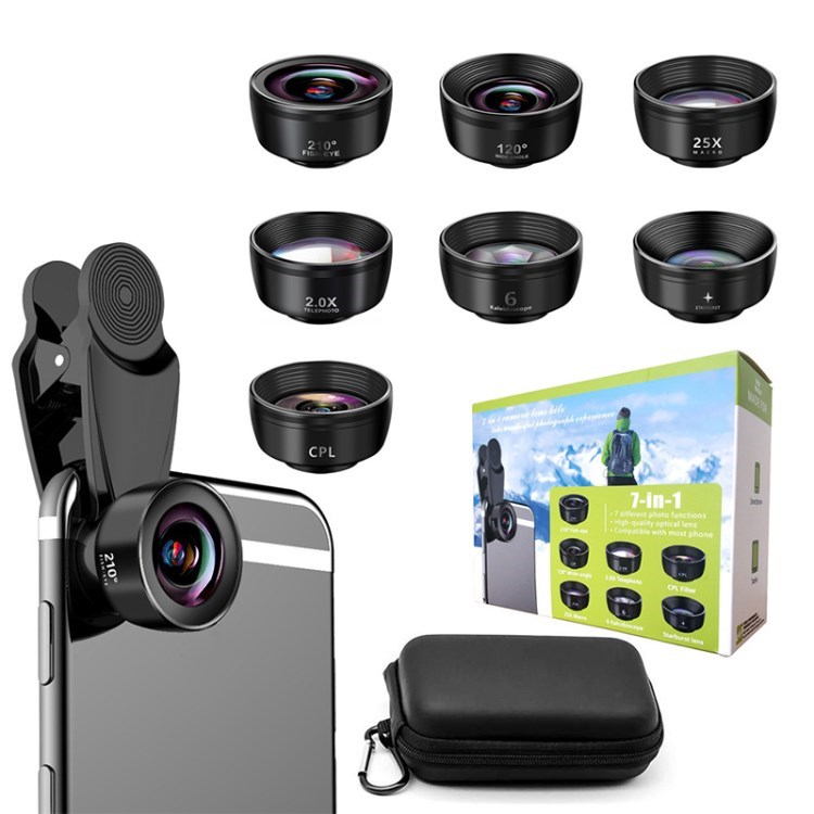 

7-in-1-Clip-On-Handy-Kamera-Objektiv-Kit-Tele-Tele, Fischauge, Kaleidoskop, Weitwinkel, X-Weitwinkel, CPL, & Makro-Objektiv - Neue 7-in-1